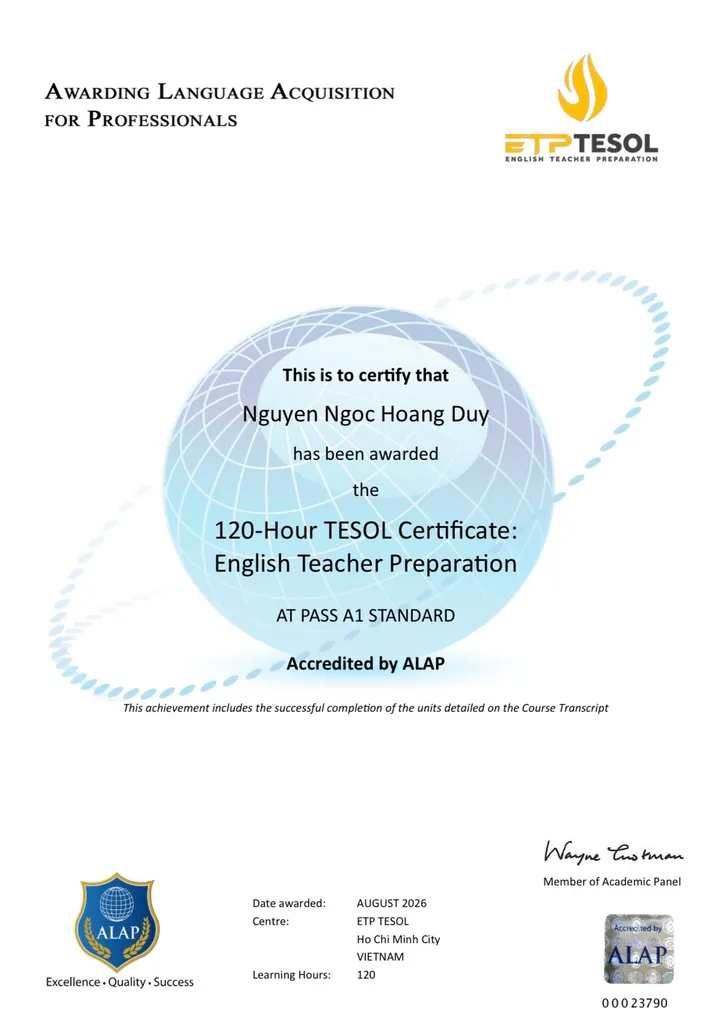 Chứng chỉ TESOL 120 giờ của Nguyễn Ngọc Hoàng Duy